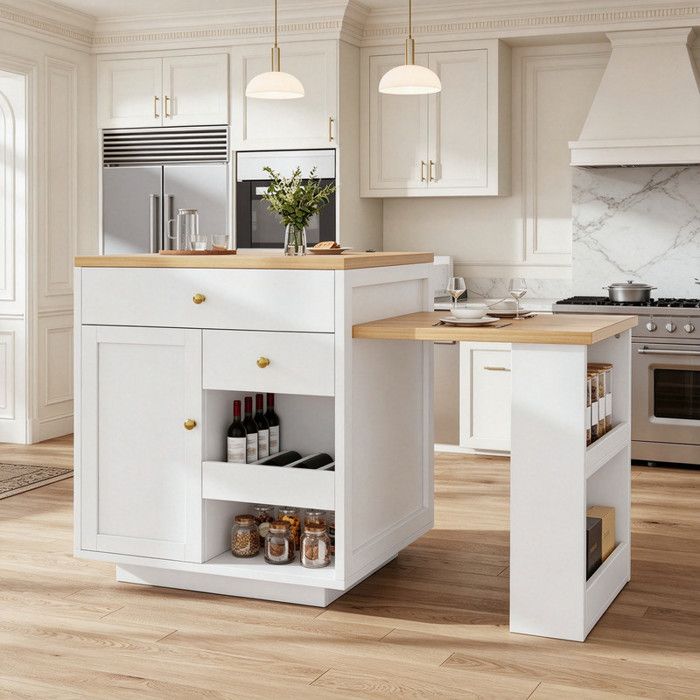 Îlot de cuisine moderne avec plan de travail extensible tiroirs étagères ouvertes porte-bouteilles 1225-1955 cm blanc