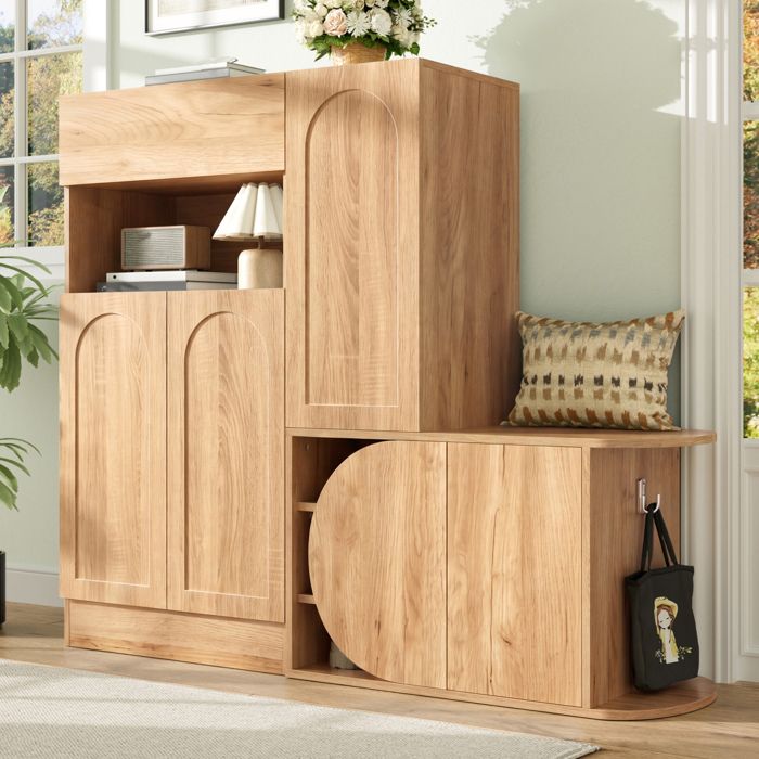 Meuble a chaussures dentree avec banc integre 130 x 35 x 110 5 cm 5 portes 1 tiroir niche ouverte MDF naturel