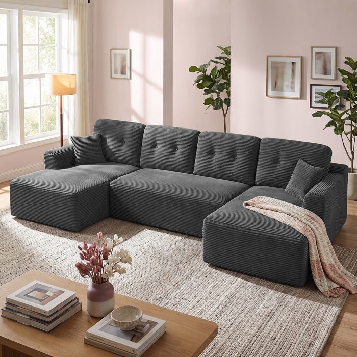 Canapé dAngle Convertible Modulable en Velours Côtelé Meuble de Salon 336 x 154 x 89 cm Gris anthracite