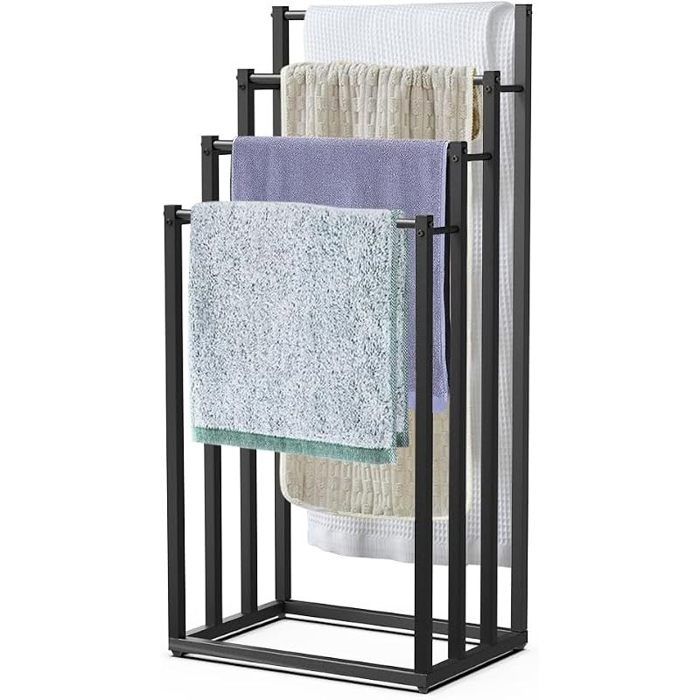 Porte-Serviettes autoportant sur Pied Support à 4 Niveaux en Métal Rangement Stable Serviettes de Bain et Accessoires Idéal-Noir