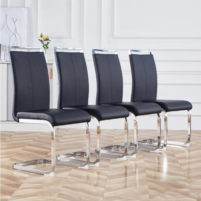 Lot de 4 chaises luge noires en simili cuir avec structure en metal chrome dossier haut et assise rembourree