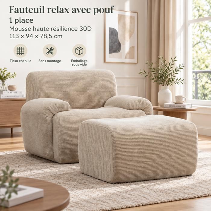 Canapé 1 place - SOGEU - Canapé Compact - Tissu chenille kaki - Mousse 30D haute élasticité - Avec pouf sans montage
