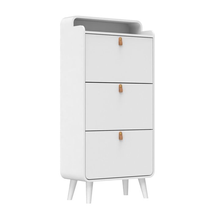Meuble a chaussures - 3 abattants rangement etroit avec niche superieure MDF blanc