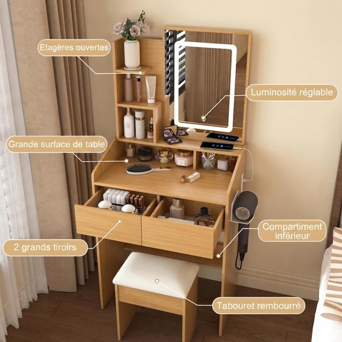 Coiffeuse panneau de particules imitation chêne 60×36×130cm miroir LED prise USB tabouret rembourré rangement multiple chambre