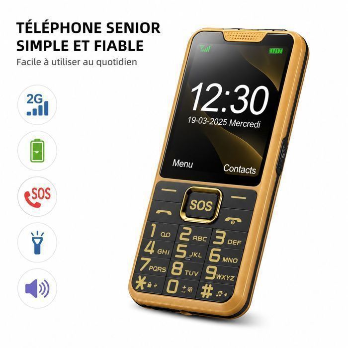 Téléphone Seniors – 2G Double SIM Grand Écran SOS Lampe – Pour Senior 2.4 Pouces Or