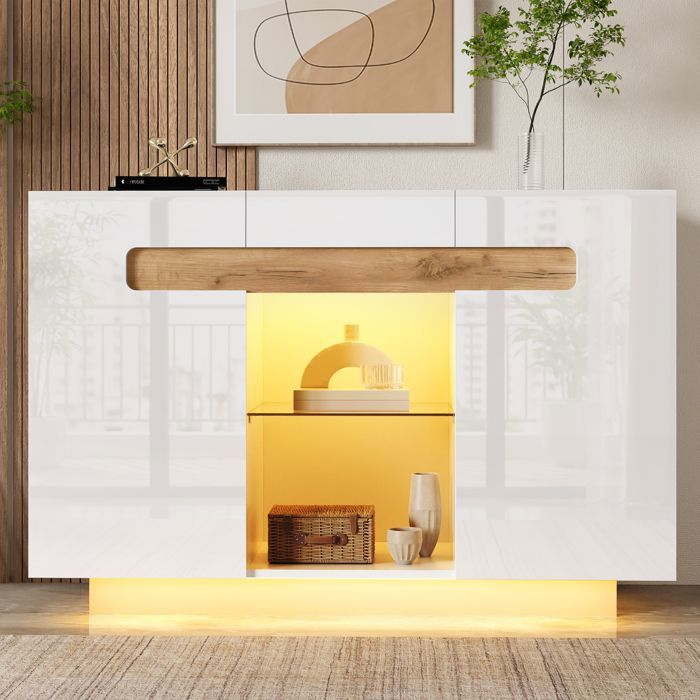 Buffet LED 120 cm Blanc et Bois Façades Brillantes Étagères en Verre Réglables Meuble de Rangement Buffet LED 120 cm Blanc et Bois Façades Brillantes Étagères en Verre Réglables Meuble de Rangement