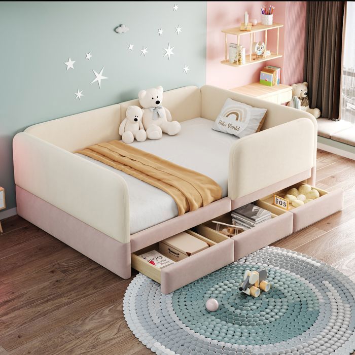 Lit double rembourré 140x200 cm en velours avec cadre de sécurité et 3 tiroirs beige et rose
