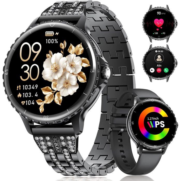 Montre connectée ronde noire - LIGE - Appels Bluetooth - Écran 1 27 - Acier inoxydable - Diamants - Fréquence cardiaque Montre connectée ronde noire - LIGE - Appels Bluetooth - Écran 1 27 - Acier inoxydable - Diamants - Fréquence cardiaque