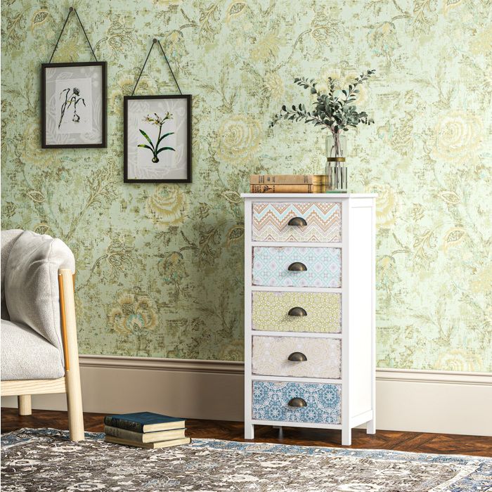 Commode 5 tiroirs shabby chic multicolore MDF 46 x 34 x 97 5 cm pour chambre salon ou enfant VEVXYN