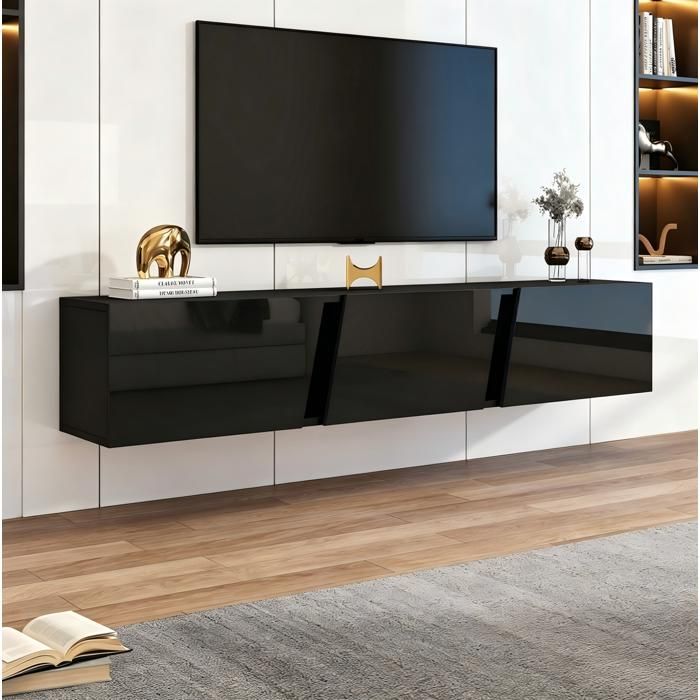Meuble TV mural 3 portes abattantes 5 compartiments LED - HAVRYA - Noir brillant 75 pouces 180 × 35 × 30 cm