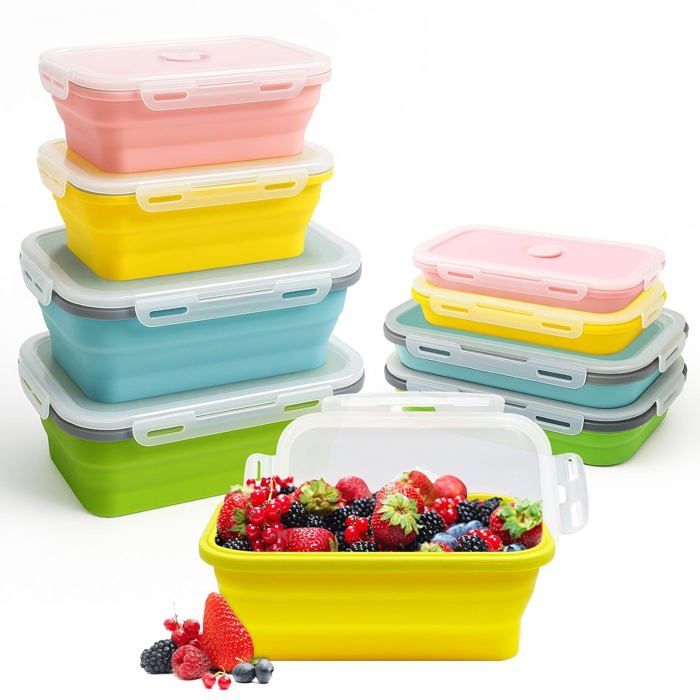 Lot de 4 boîtes bento pliables silicone rétractables 800 ml et 1200 ml avec couvercle sans BPA