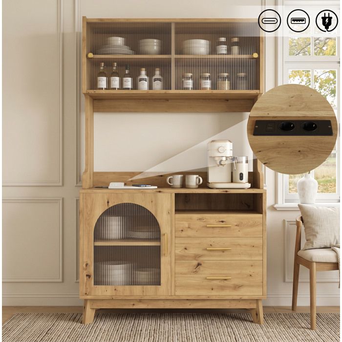 Buffet Haut Bois 3 Portes 3 Tiroirs Bahut Moderne FloraGrace Pour Salle A Manger Avec Prises Et USB Integres 100 5x40x178cm