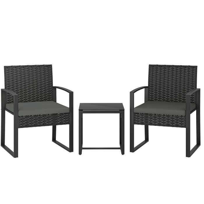 Salon de jardin gris foncé 2 personnes 55 x 58 x 76 cm avec 2 fauteuils table 40 x 40 x 40 cm coussins amovibles