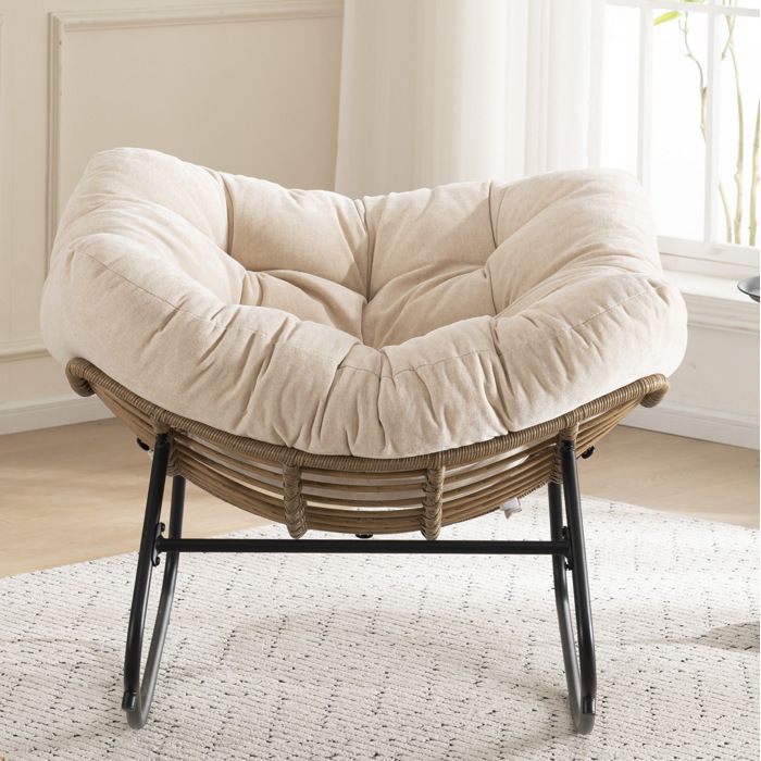 Fauteuil à Bascule 1 Place Relax avec Accoudoirs Structure Métal pour Salon et Chambre Chenille Beige 98 × 102 × 77 cm