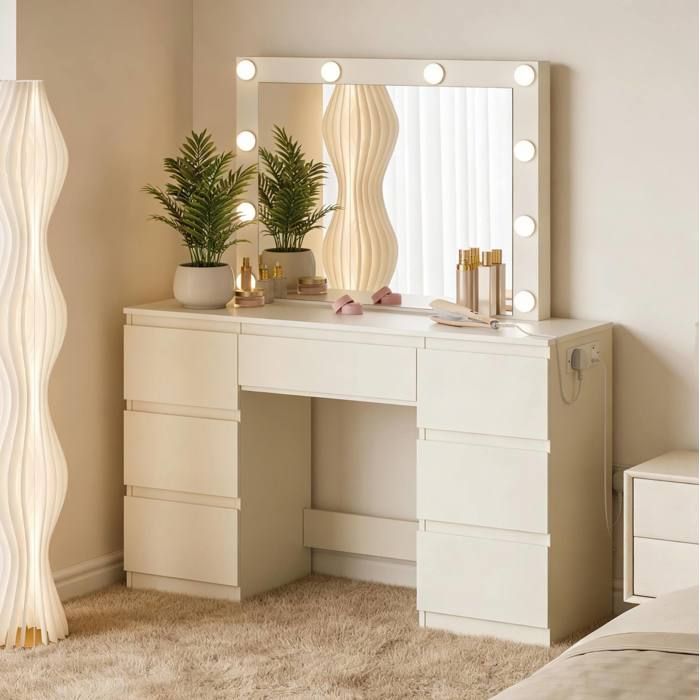 COVREO Coiffeuse blanche 110 cm avec miroir LED réglable 7 tiroirs et prises USB