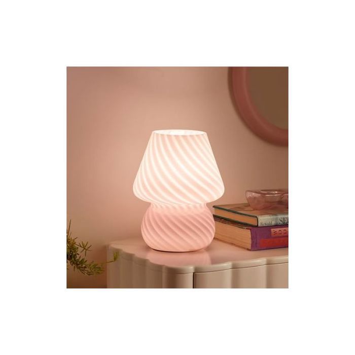 Lampe champignon à poser - Verre rayé artisanal Ampoule LED E27 incluse - Chevet salon bureau - Rose