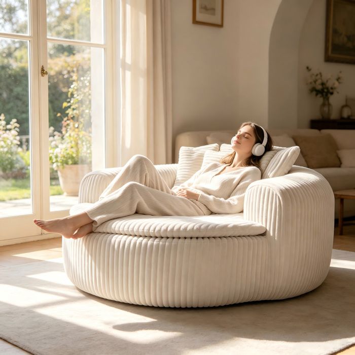 Fauteuil lounge XXL 1 place 145x133x59 cm velours côtelé assise profonde accoudoirs enveloppants 5 coussins - Beige