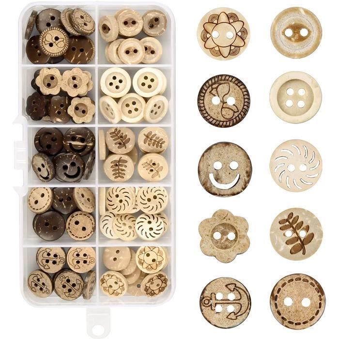 100 Pièces Boutons en Bois, Rond Boutons de Couture, Naturel Boutons en Coco, Petit Bois Rétro Bouton, Mixte Boutons Mercerie, pour