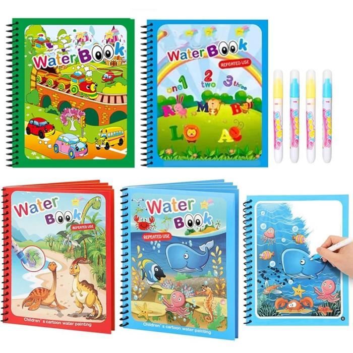 Livre De Dessin Magique à L’Eau – 4 Carnets Réutilisables Avec Stylos – Animaux, Dinosaures, Cheval & Univers – Cadeau Enfant