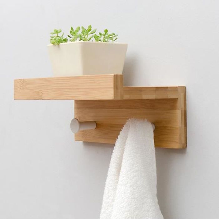 Étagère Porte-Serviette Porte-Manteau Mural rangement en Bambou métal 22.7*12*8 cm avec 2 crochets salle de bain garde-robe pour l