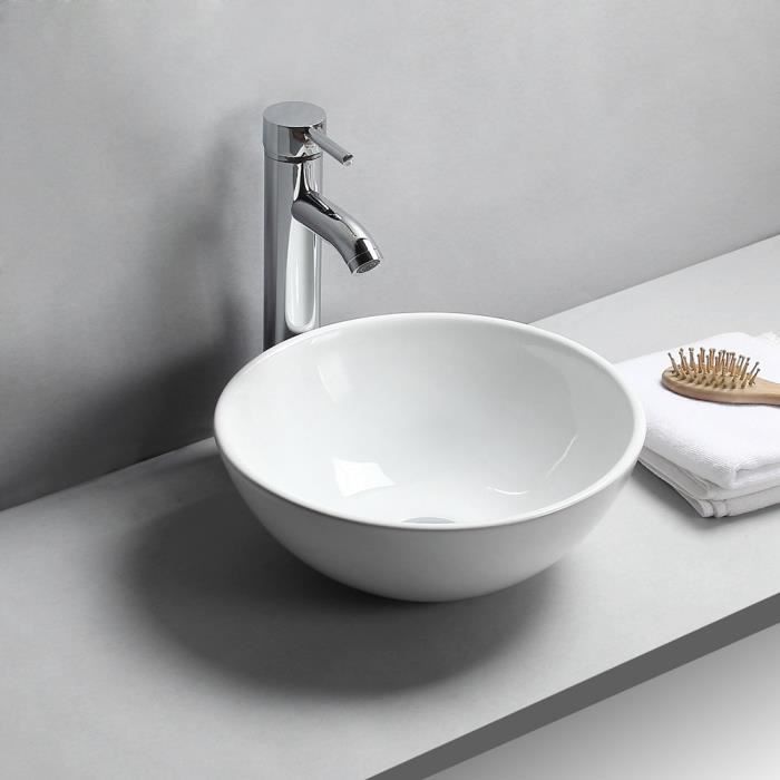 Lavabo - Forme de bol - Céramique Blanc 32 x 32 x 14 cm Vasque à Poser Éviers et lavabos pour salle de bain HB044