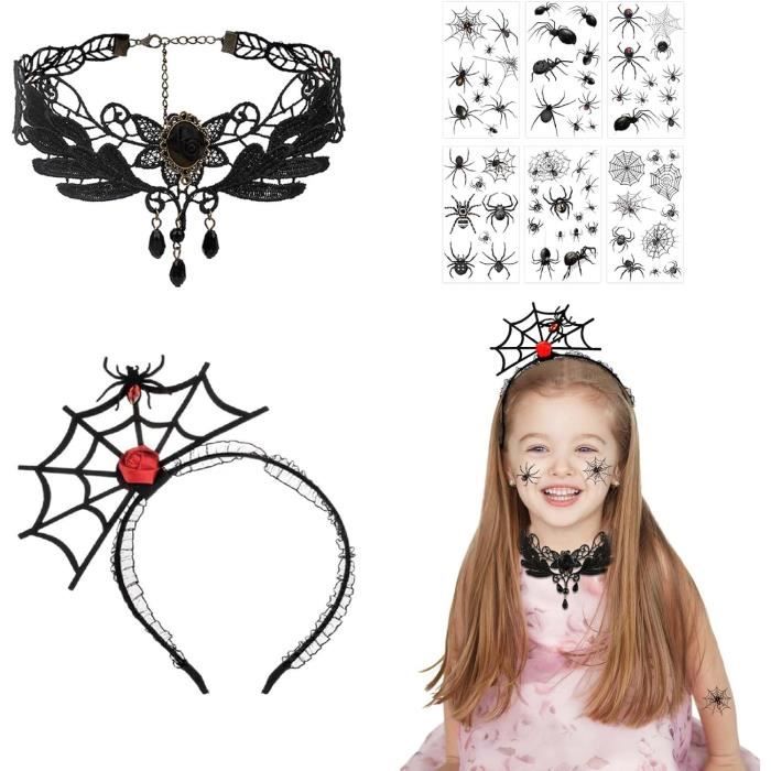 Bandeau Halloween Toile D’araignée + Collier + 30 Tatouages Temporaires – Accessoire Carnaval Et Cosplay