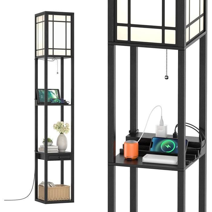 GOPLUS Lampadaire sur Pied à 3 Niveaux Lampe à Poser Rectangulaire avec Douilles E27 Étagères Ouvertes et Petit Tiroir de Rangement