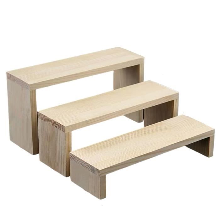 3 Rehausseurs En Bois Massif Empilables - Support De Présentation à 3 Niveaux - Pour Pâtisseries, Desserts, Parfums, Bijoux - Dimensions Variables (~24x11cm à 20x4.5cm) - 4