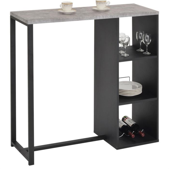 table haute de bar piava mange-debout comptoir avec 3 étagères dont 1 porte-bouteilles, en métal laqué noir et mdf décor béton