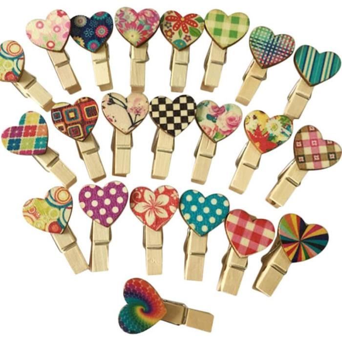 100x pince à ligne en bois mini epingle à linge clips décoration de coeur pour diy photo décoration