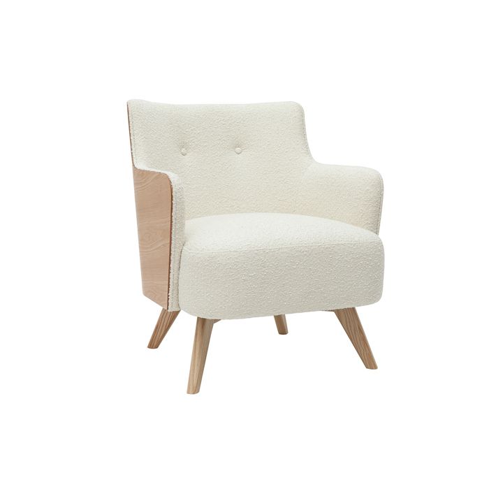 Miliboo - Fauteuil scandinave en tissu effet laine bouclée blanc cassé et bois clair VALMY