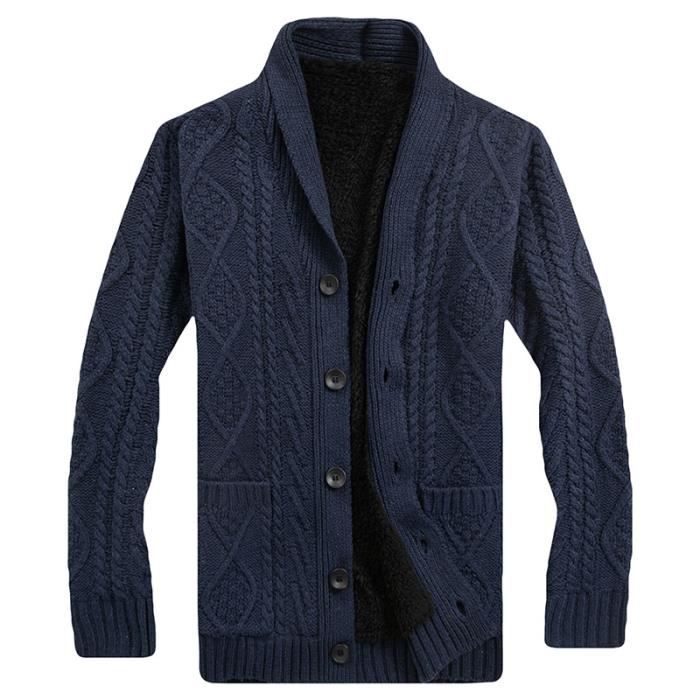 Gilet Homme en Tricot Hiver Doubl?� Polaire Cardigan Chaud Epais Couleur Unie Avec Poches Tissu 