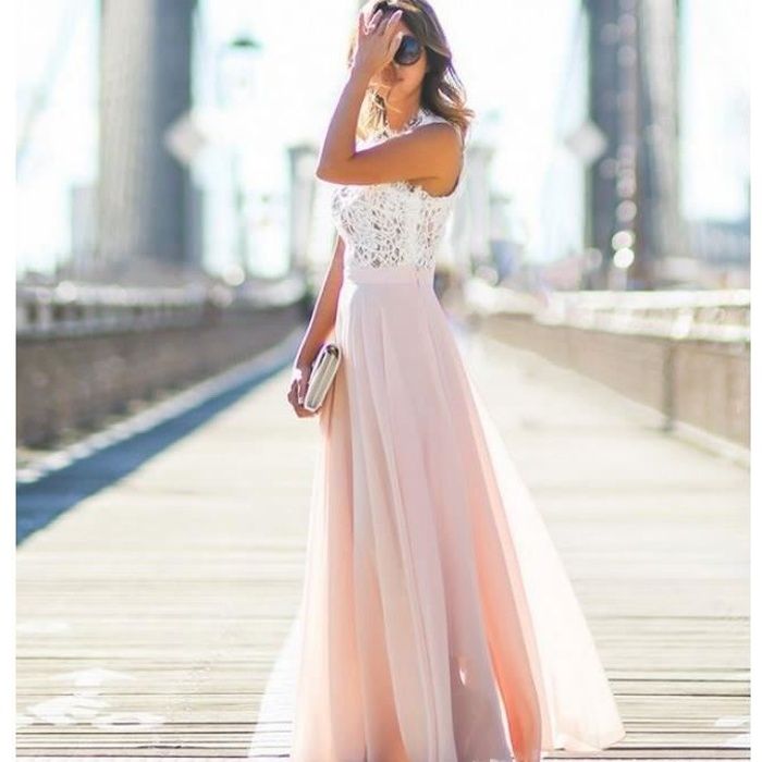 Femme Robe Maxi Longue avec Dentelle Mousseline de Soie sans Manches  Elégant Dos Nu Dress de Soirée Cérémonie Cocktail Mariage