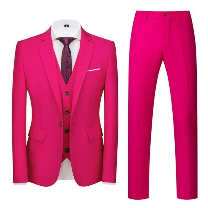 Costume Homme 3 pieces Mariage Business Slim Fit Smoking Simple Poitrine a Deux Boutons Men Suits Fete Confort XD11 rose