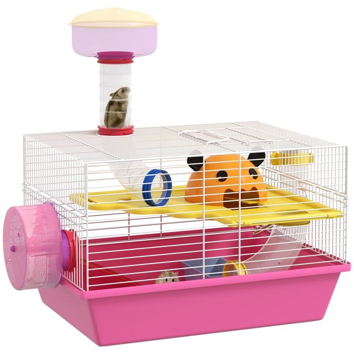 Cage à hamster - PawHut - rat rongeur avec plateforme - biberon eau - roue - maisonnette - 34 x 27 x 25 cm - rose
