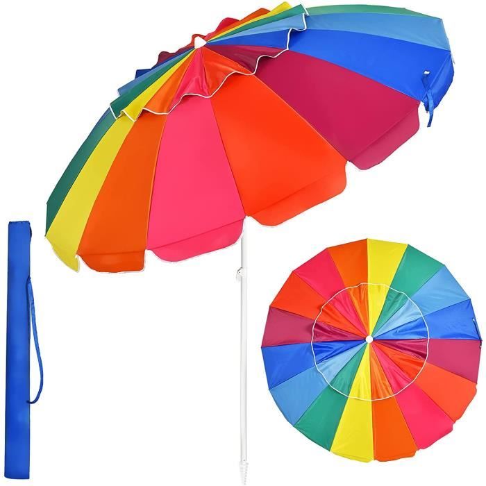 Parasol de Plage - RELAX4LIFE - 16 Baleines en Fibre de Verre - Inclinable 30° - Conception à Event - Dia 220CM - Multicolore