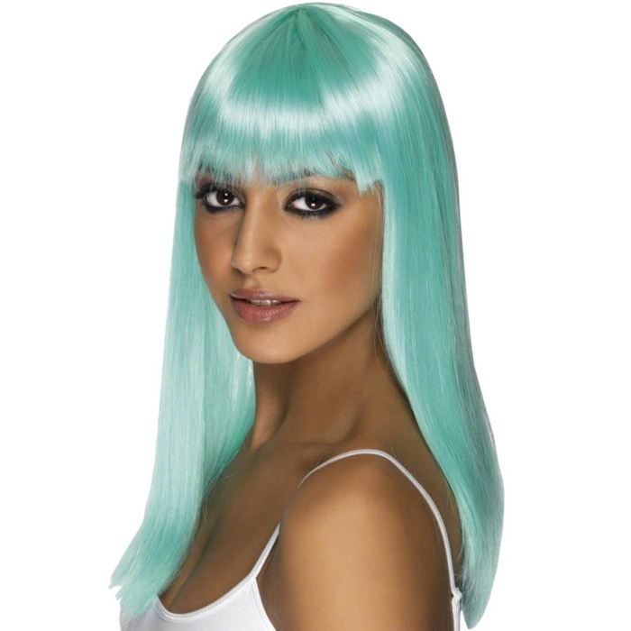 Perruque longue femme - SMIFFY'S - bleu clair - cheveux lisses avec frange
