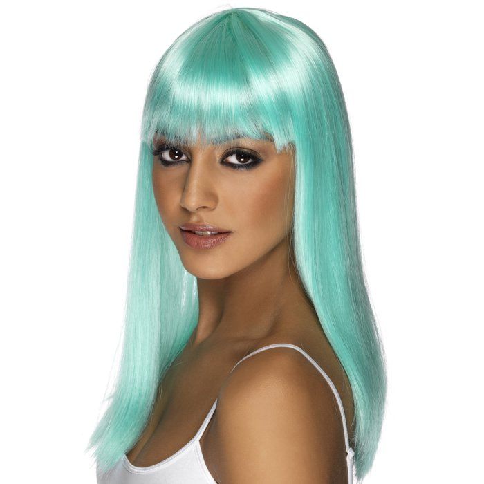 Perruque longue femme - SMIFFY'S - bleu clair - cheveux lisses avec frange