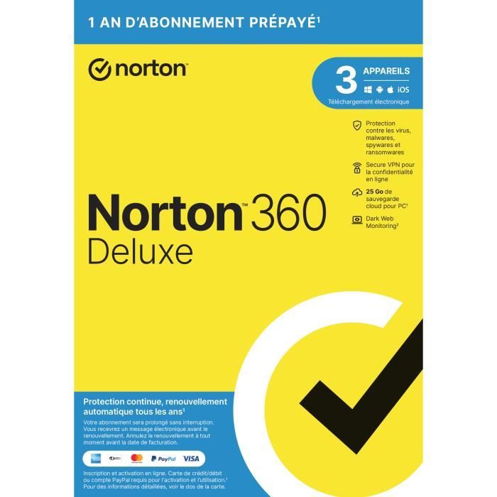 Norton 360 Deluxe 2024 | 1 An | 3 Appareils | PC-Mac-Android-iOS | [Téléchargement]