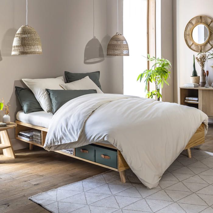 Lit en bois massif naturel avec rangements 140x190 - LT17024 - Bois naturel - Terre de Nuit