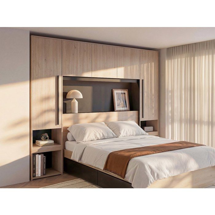 Lit pont 160 x 200 cm avec rangements - Avec LEDs - Coloris : Naturel et noir - VELONA