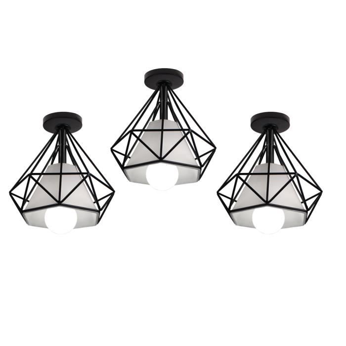Plafonnier Cage Diamant en Métal Noir - WOTTES - UNI 20cm - 3 Ampoules - Style Campagne