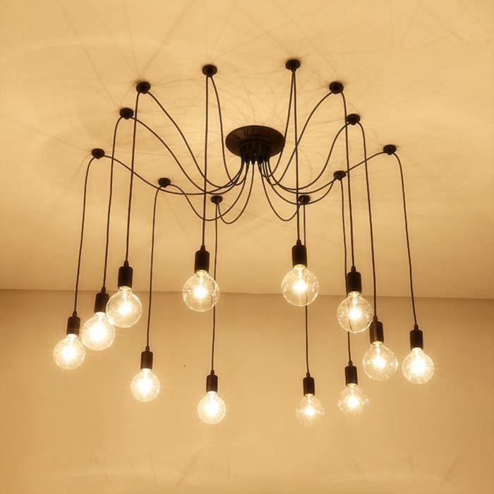 Lustre Suspension Araignées E27 Douille Rétro Industriel Abat-jour Noir, DIY Ajustable Longueur Avec 1 5m Fil 3 Bras Pas Ampoule 91468541