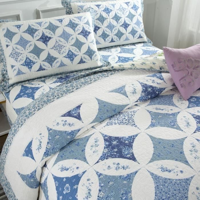 Couverture de lit Patchwork, jeté de lit 220x240 Couvre-lit matelassée pour  lit Double+2pcs taies d'oreiller Faux patchwork bleu - Cdiscount Maison
