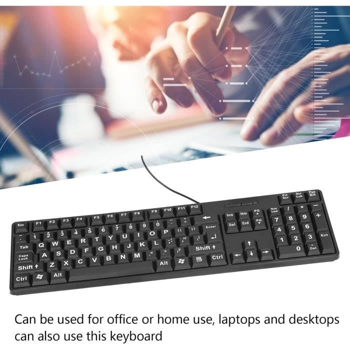 Clavier USB Pour Personnes Âgées - Grandes Lettres Blanches Sur Fond Noir - 104 Touches AZERTY - 3