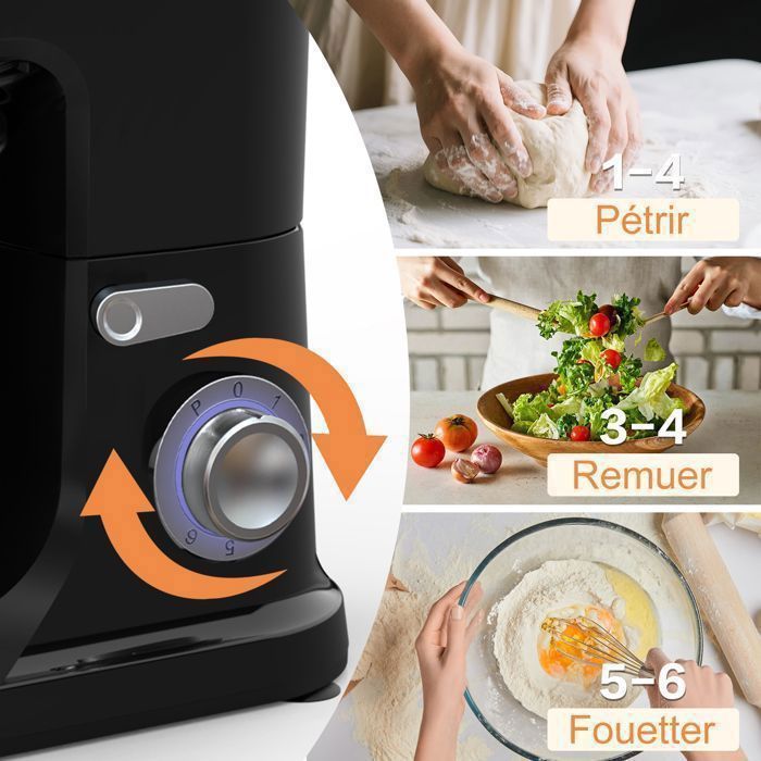 Robot Pâtissier Multifonctions 4.8L - 6 Vitesses Avec Bol, Fouet, Feuille Et Crochet Pétrin