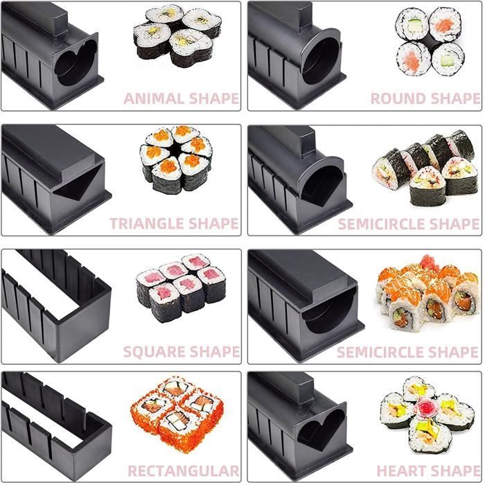 Kit de fabrication de sushis pour débutants - 10 pièces en plastique -  Outil de fabrication de sushis complet avec 8 formes de moules à sushis et  2 spatules à fourchette 
