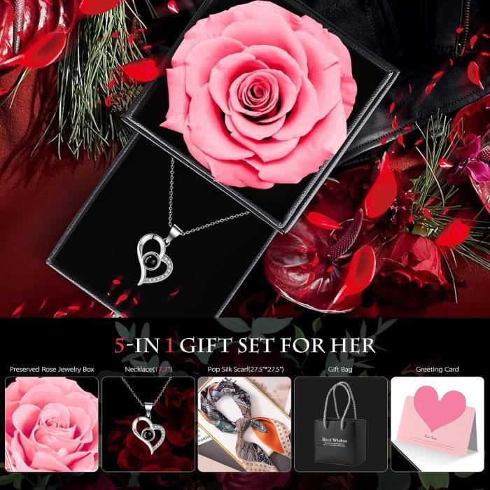 Rose Éternelle Rouge Avec Pierre De Naissance Blanche – Collier Cœur Argent 925 Véritable Rose Préservée, Boîte à Rose Infinie Cadeau Romantique Femme
