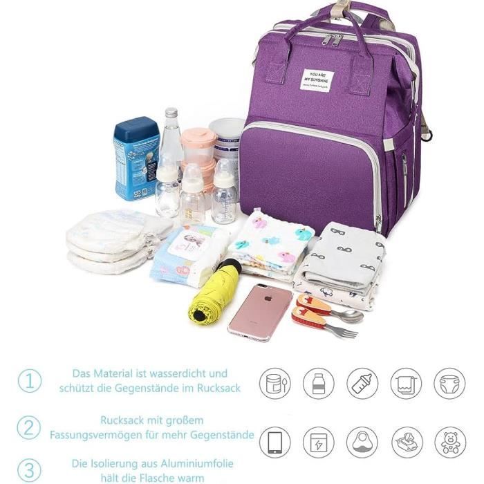 Sac à Dos à Langer Towwoo Avec Lit Bébé Portable 35L - Multifonction, 2 Sangles Poussette, Station De Change Et Sac Isotherme