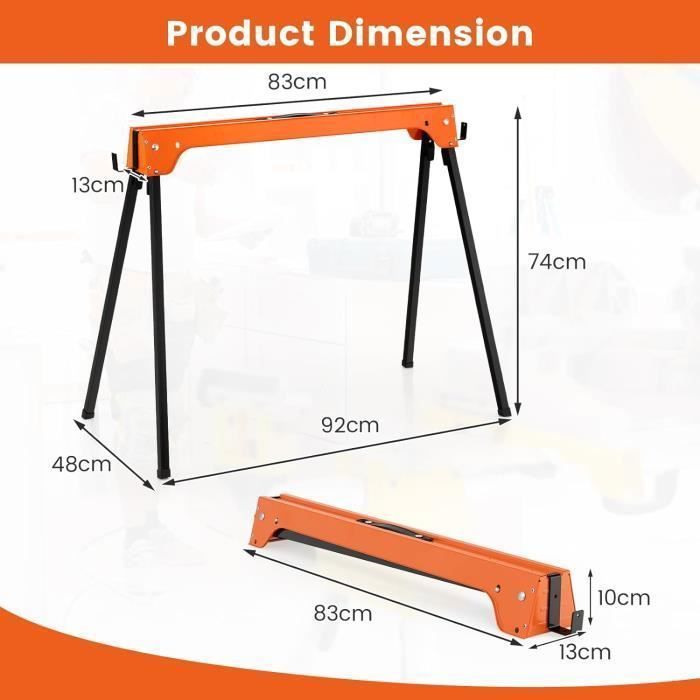 Lot De 2 Tréteaux Pliables En Métal Galvanisé - Support 375 Kg, Surface Antidérapante, Portable - 100x38x78 Cm